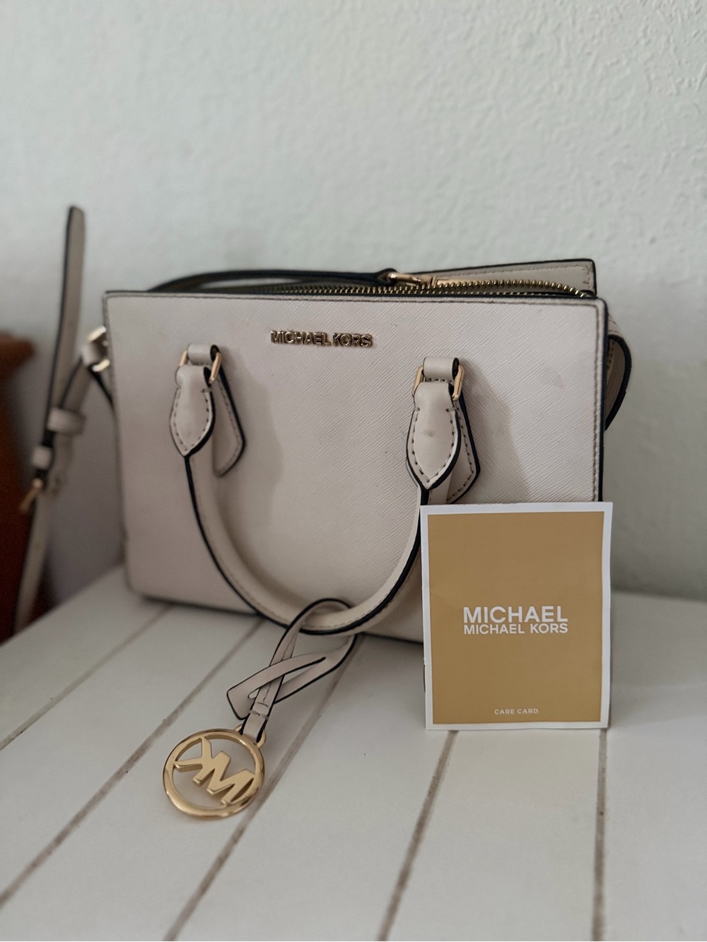 Michael Kors Saffiano Leather Satchel - Light Cream with Gold Hardware